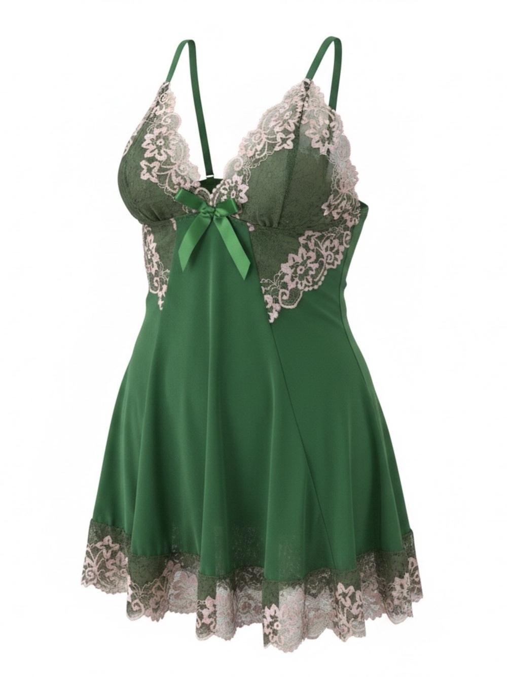 Avidlove Green Lace-Trim Satin Chemise with Contrast Lace